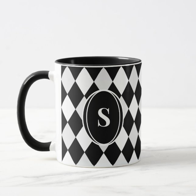 Caneca Padrão de Diamante Harlequim Preto e Branco com Mo (Esquerda)