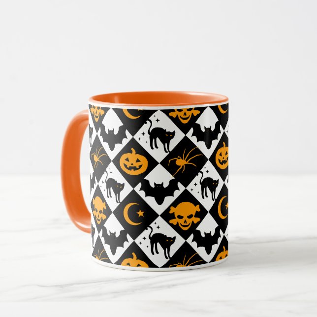Caneca Padrão de diamante preto e branco Arlequim (Frente Esquerda)