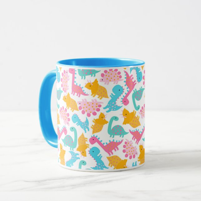Caneca Padrão de Dinossauro Rosa e Teal Divertido (Frente Esquerda)