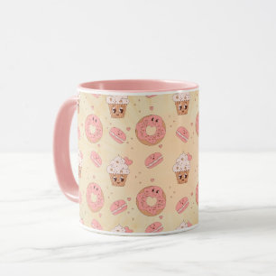 Caneca Padrão de Donuts e Cupcakes Rosa Retrô