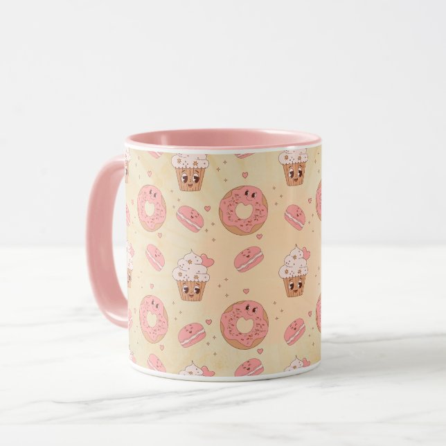 Caneca Padrão de Donuts e Cupcakes Rosa Retrô (Frente Esquerda)