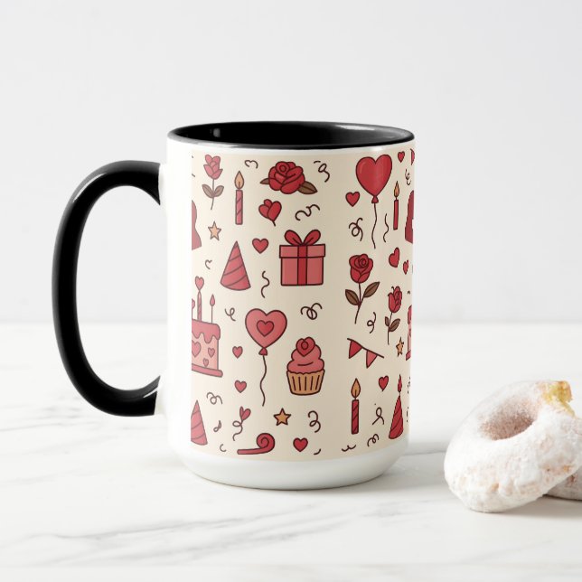 Caneca Padrão de Doodle de Celebração Romântica (Com Donut)
