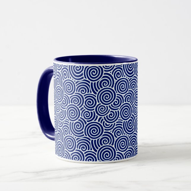 Caneca Padrão de espiral japonês - marinho azul e branco (Frente Esquerda)