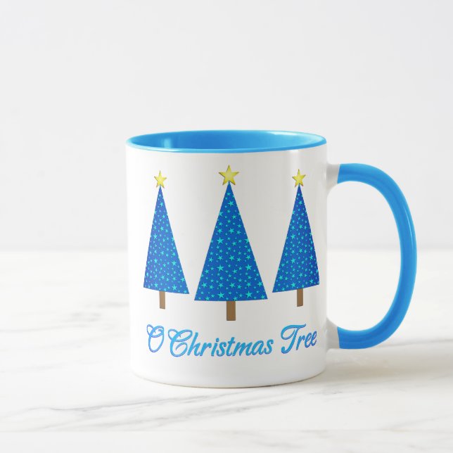 Caneca Padrão de Estrela Azul Árvores de Natal Modernas (Direita)
