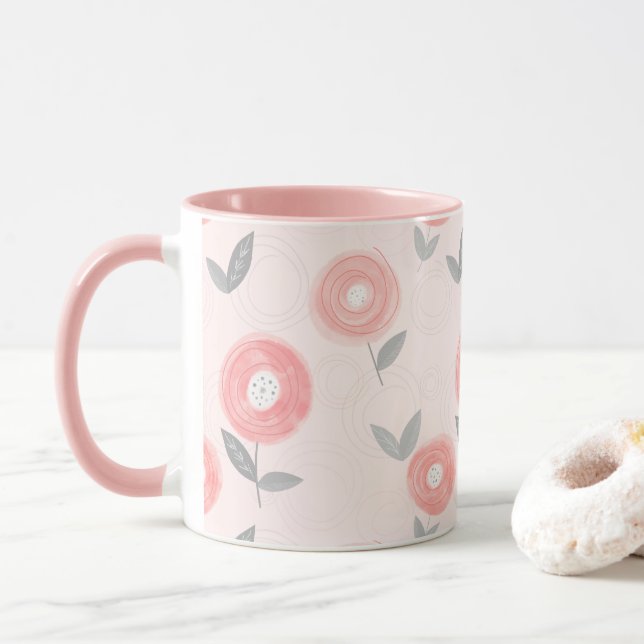 Caneca Padrão de Flor de Aquarela de Abstrato cor rosa (Com Donut)