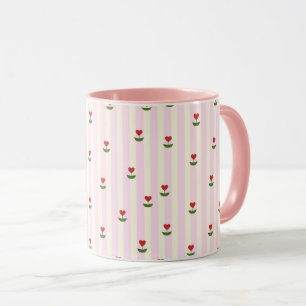Caneca Padrão de Flor de Coração Doce – Listras Rosa Suav