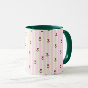 Caneca Padrão de Flor de Coração Doce – Listras Rosa Suav