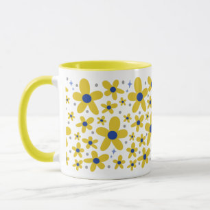 Caneca Padrão de Flor de Margarida Amarelo e Azul