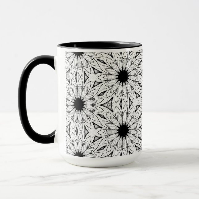 Caneca Padrão de Flor Delicado Preto e Branco (Esquerda)