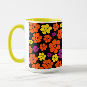 Caneca Padrão de Flor - Preto, Rosa, Laranja e Amarelo