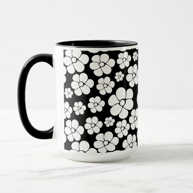 Caneca Padrão de Flor Retroativo em Branco em Preto (Esquerda)