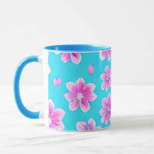Caneca Padrão de Flor Simples Azul e Rosa