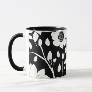 Caneca Padrão de Flor Simples Preto e Branco Sem Olho