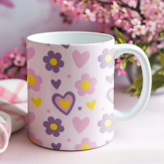 Caneca Padrão de Flores Corações Retrô Rosa, Roxo, Amarel