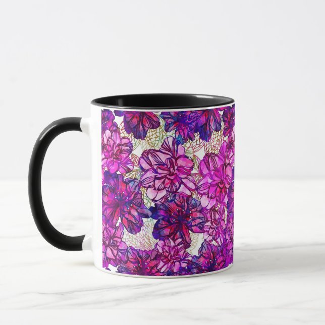 Caneca Padrão De Flores De Abstrato Rosa E Roxo (Esquerda)