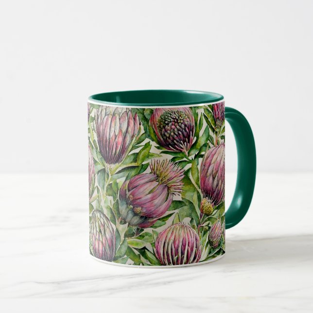 Caneca Padrão de Flores de Proteínas Rosa e Verde (Frente Esquerda)