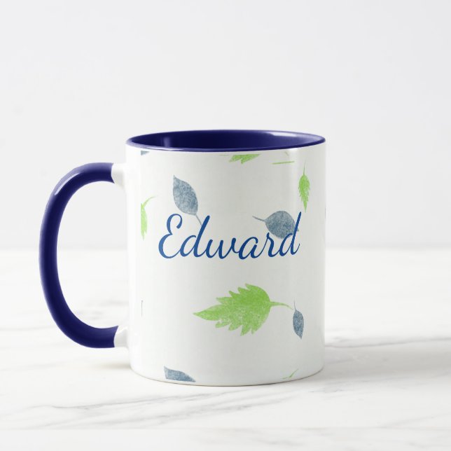 Caneca Padrão de Folhas Azul e Verde (Esquerda)