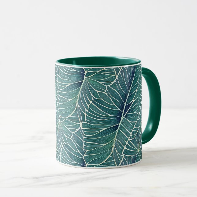 Caneca Padrão de Folhas Tropicais Verde Azul de Cor-de-Ág (Frente Esquerda)
