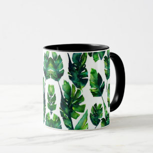 Caneca Padrão de Folhas Tropicais Verde de Aquarela