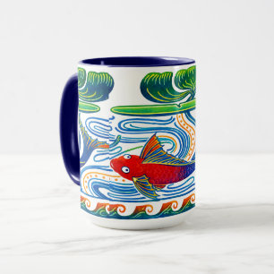 Caneca Padrão de friso de peixe e lírio retrô Art Nouveau