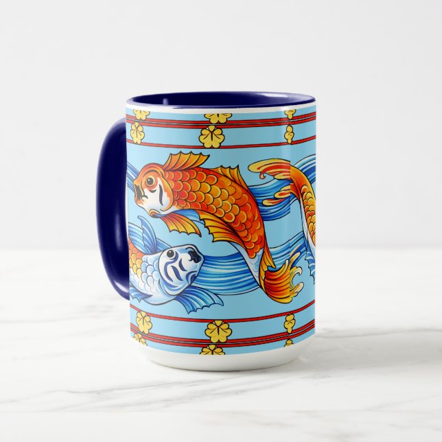 Caneca Padrão de Friso de Peixe Koi Art Nouveau Retro (Frente Esquerda)