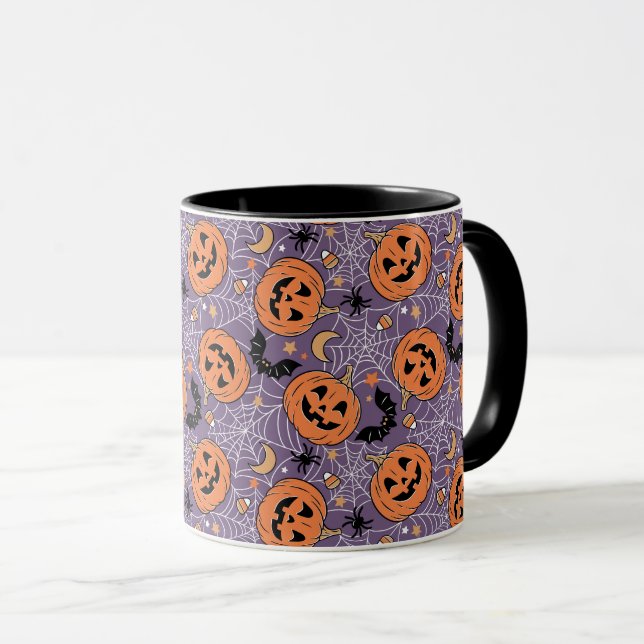 Caneca Padrão de Halloween do Jack-O-Lanterna Roxo (Frente Esquerda)