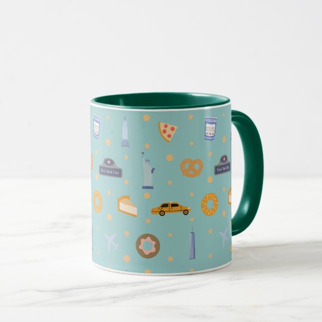 Caneca Padrão de Ícones Modernos de NYC Verde Turquesa (Frente Esquerda)