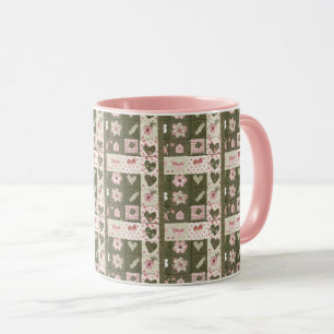 Caneca Padrão de Inclinação Floral e Coração Rosa e Verde