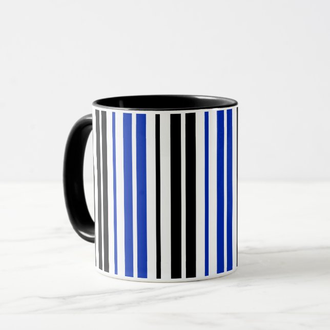 Caneca Padrão de Listras Brancas Pretas Azuis Design  (Frente Esquerda)