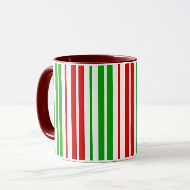Caneca Padrão de Listras Brancas Vermelhas e Verdes   (Frente Esquerda)