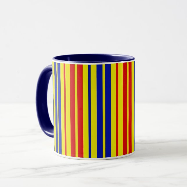 Caneca Padrão de Listras Vermelho Azul Amarelo Design  (Frente Esquerda)