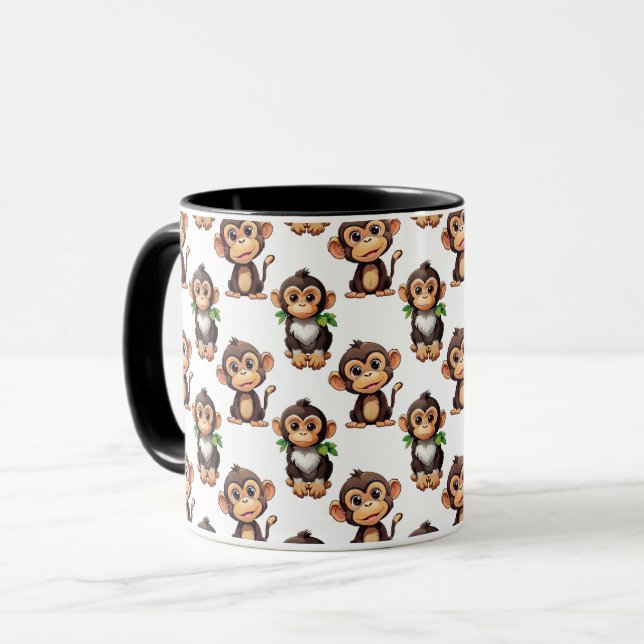 Caneca Padrão de Macaco Design Branco  (Frente Esquerda)