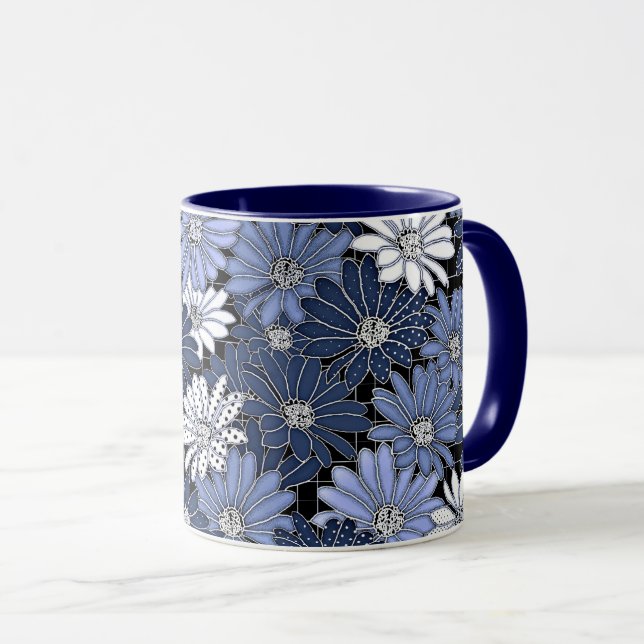 Caneca Padrão de margarida azul e branco (Frente Esquerda)