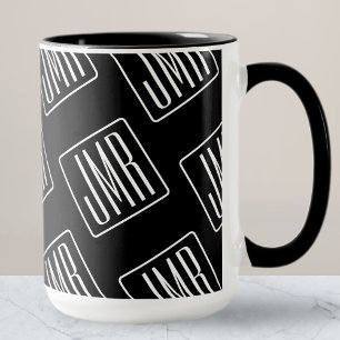 Caneca Padrão de Monograma Moderno Preto e Branco
