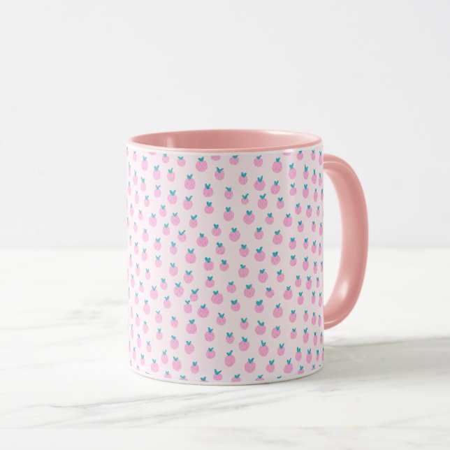 Caneca Padrão de Morango Sem Costura – Rosa Pastel Fofo  (Frente Esquerda)