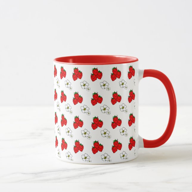 Caneca Padrão de Morango Vermelho e Flor Retro (Direita)