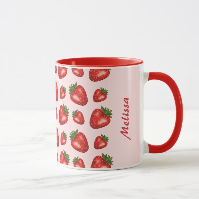 Caneca Padrão de Morango Vermelho em Rosa Com Nome Person (Direita)