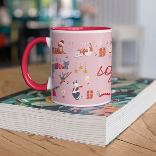 Caneca Padrão de Natal cor-de-rosa de gato retrô bonito