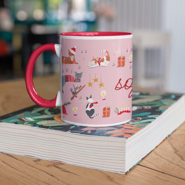 Caneca Padrão de Natal cor-de-rosa de gato retrô bonito (Christmas Cat Lover Mug Custom Name Pink)