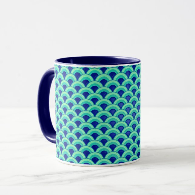 Caneca Padrão de onda Art Deco - turquesa e cobalto (Frente Esquerda)