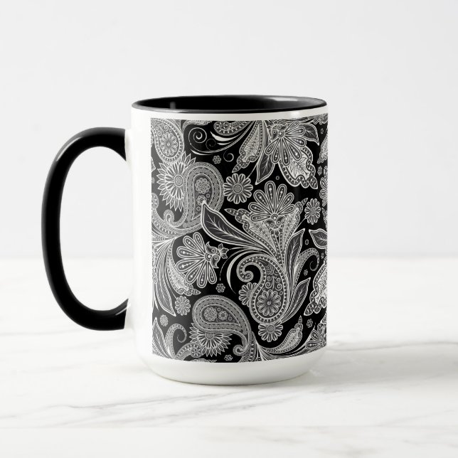 Caneca Padrão de Paisley do Ornamentado Preto e Branco (Esquerda)