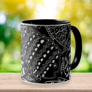 Caneca Padrão de Peixe Preto e Branco Moderno