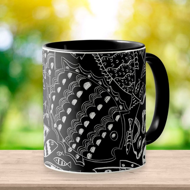 Caneca Padrão de Peixe Preto e Branco Moderno  (Criador carregado)