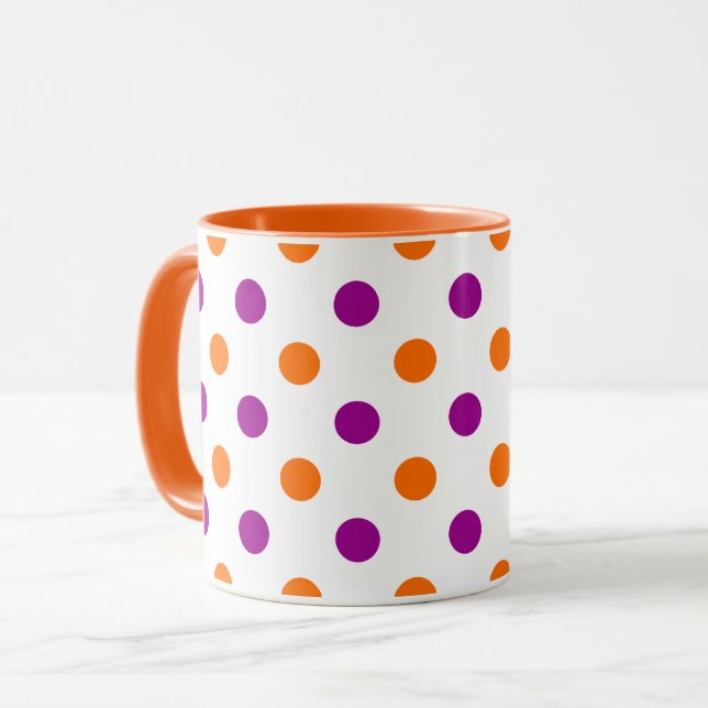 Caneca Padrão de Pontos Brancos Roxos Laranja (Frente Esquerda)