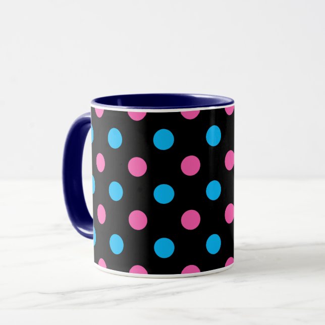 Caneca Padrão de Pontos Polka Azul Preto Rosa (Frente Esquerda)