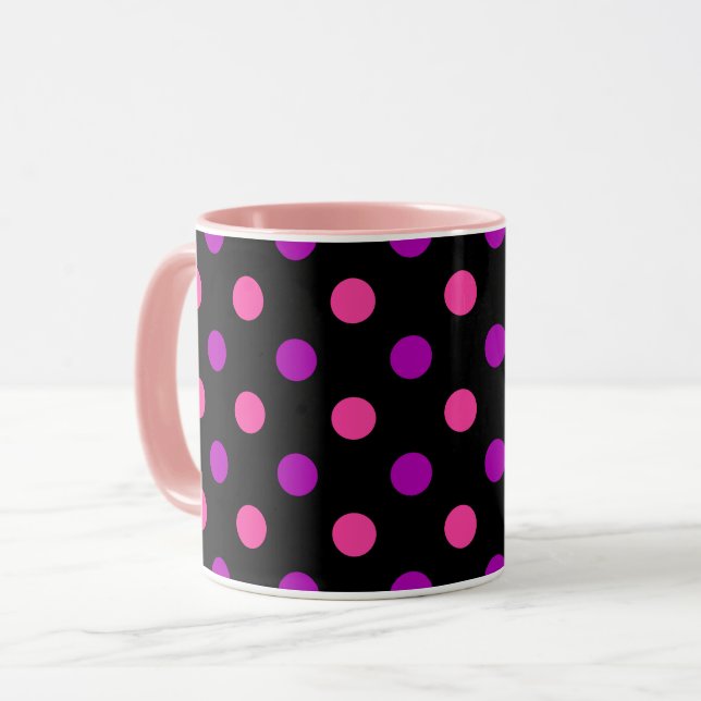 Caneca Padrão de Pontos Polka Rosa Roxo Preto  (Frente Esquerda)