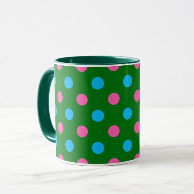 Caneca Padrão de Pontos Verde Rosa Azul (Frente Esquerda)