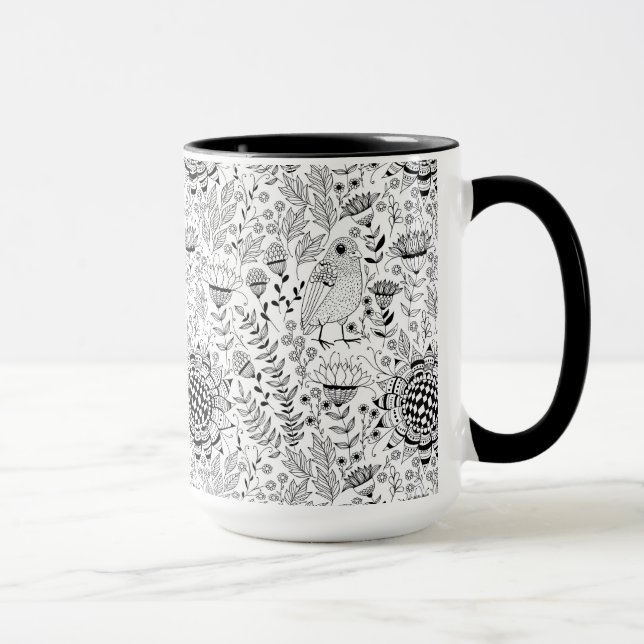 Caneca Padrão de rabisco de aves e flores (Direita)
