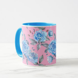 Caneca Padrão de rosa azul de Pastel, fundo rosa,