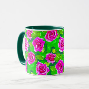 Caneca Padrão de Rosa de Aquarela Rosa Fuchsia